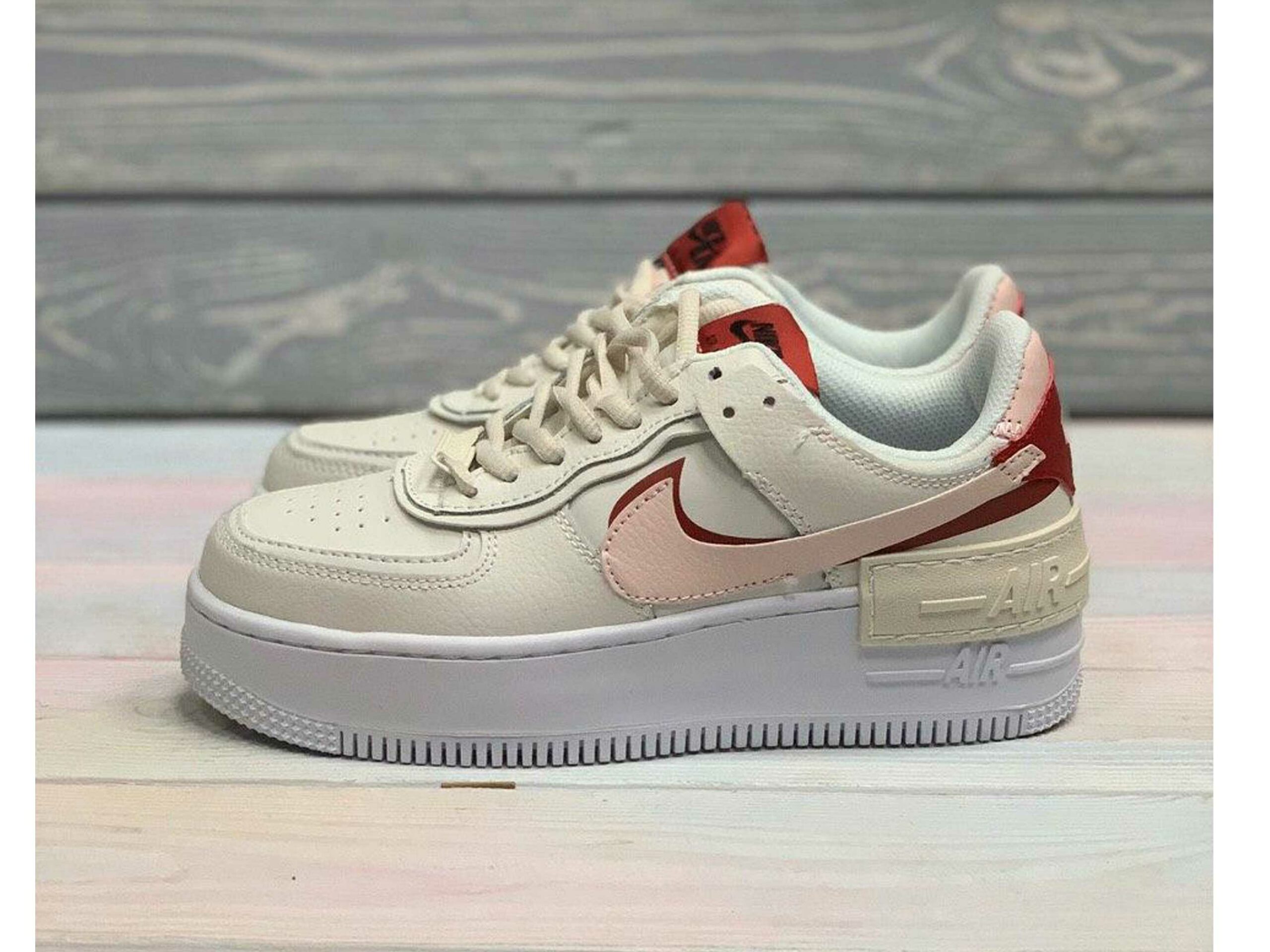 pink red and white air force 1